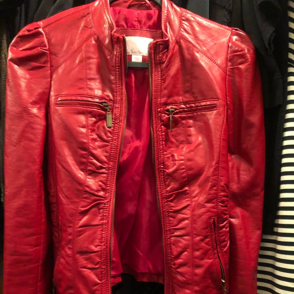 Puff sleeve faux leather jacket red no rips stains or wear noted